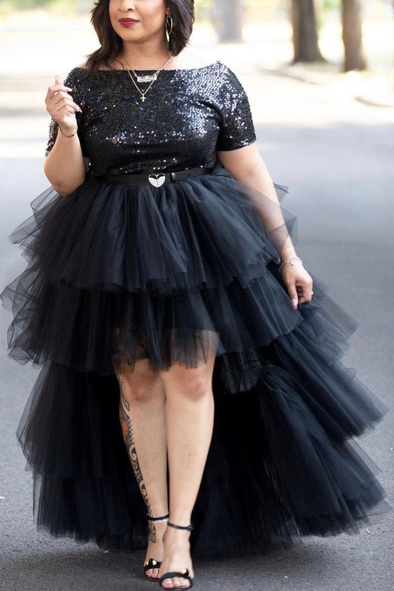 Plus Size Fluffy Tulle Irregular Solid Cake Skirt(Without Belt)