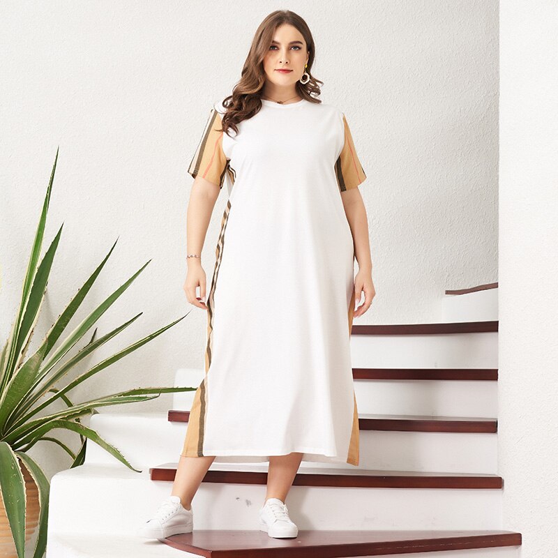 2021 New Summer Women Dress Plus Size White Patchwork Vertical Striped O-neck Large Size Loose Short Sleeve Casual Midi Dresses