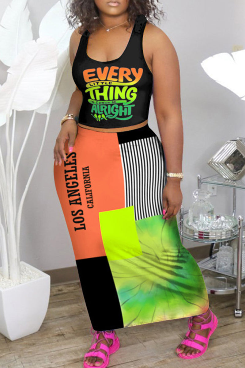Plus Size Casual Letter Printing Vest Top Skirt Two-piece Set - Fashionaviv