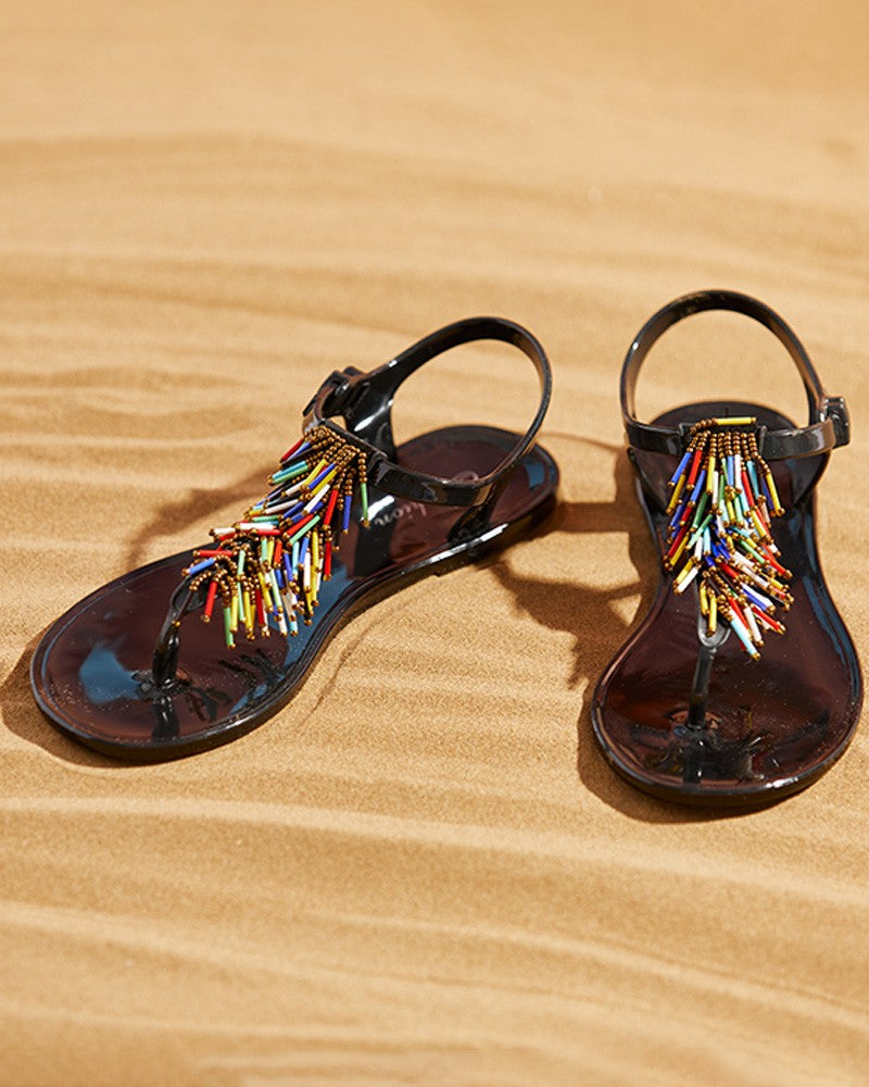 Toe Post Colorful / Metal Tassel Beaded Flat Sandals