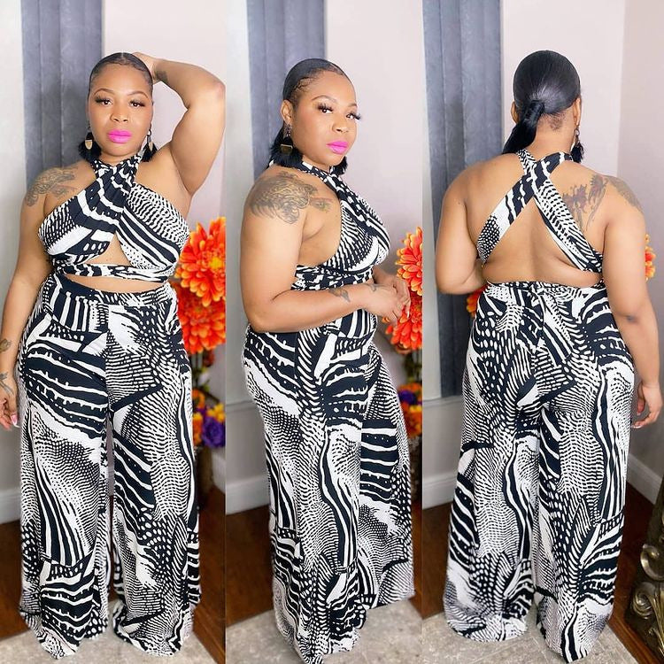 Plus Size Halter Backless Casual Print Two Pieces Set