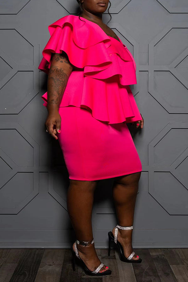 Fashion Plus Size Solid Color One Sleeve Ruffle Sling Mini Dress