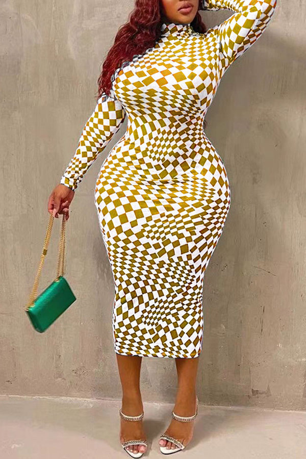 Fashion Long Sleeve Plaid Print Sexy Body Wrap Hip Dress